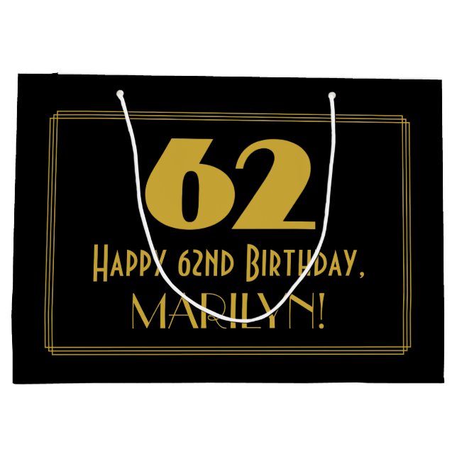 62nd Birthday — Art Deco Inspired Look "62" & Name Large Gift Bag (Back)