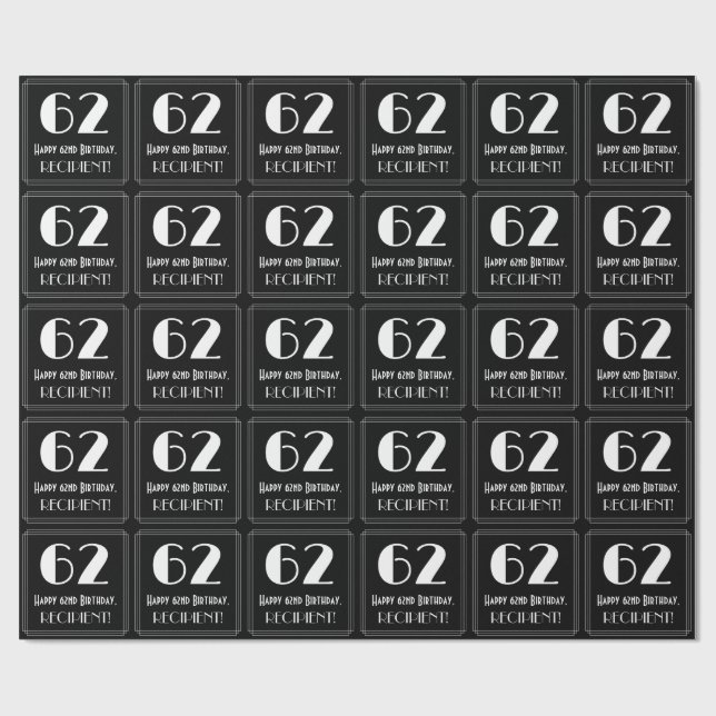 62nd Birthday - Art Deco Inspired Look "62", Name Wrapping Paper (Flat)