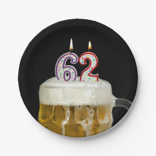 62nd birthday beer with candle paper plate