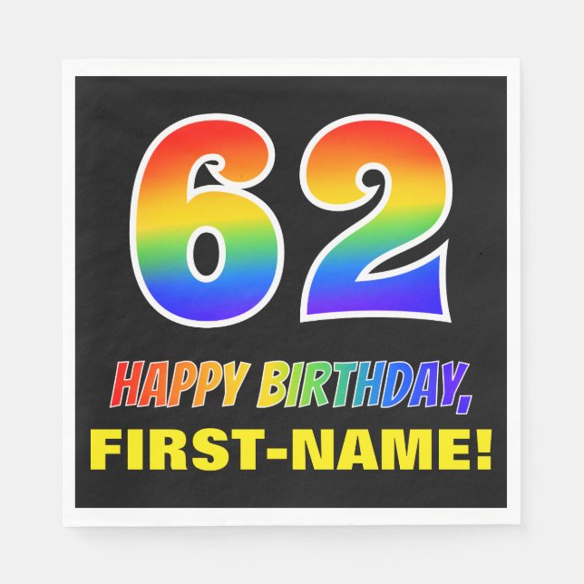 62nd Birthday: Bold, Fun, Simple, Rainbow 62 Napkin (Front)