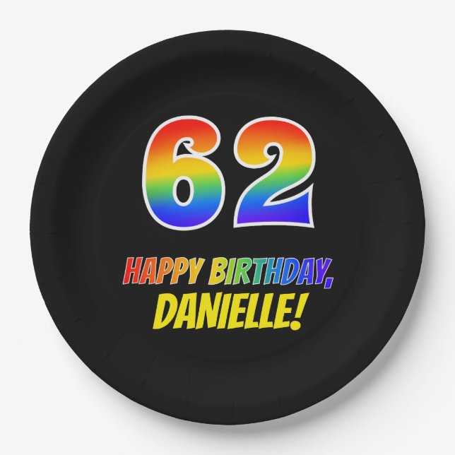 62nd Birthday: Bold, Fun, Simple, Rainbow 62 Paper Plate (Front)