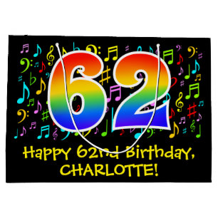 62nd Birthday - Colorful Music Symbols, Rainbow 62 Large Gift Bag