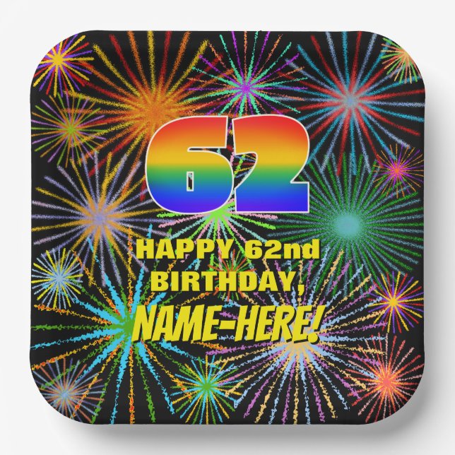 62nd Birthday: Colourful, Fun Celebratory Firework Paper Plate (Front)