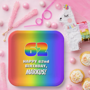 62nd Birthday: Colourful, Fun Rainbow Pattern # 62 Paper Plate