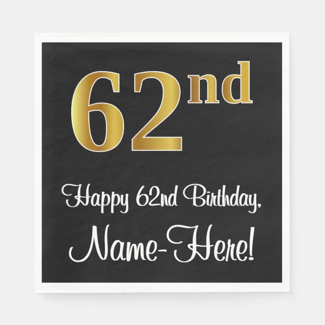 62nd Birthday ~ Elegant Luxurious Faux Gold Look # Napkin (Front)