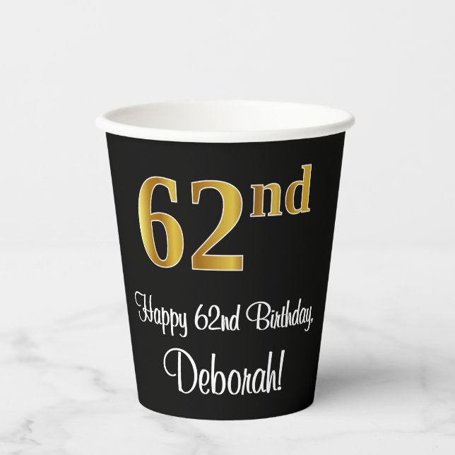 62nd Birthday - Elegant Luxurious Faux Gold Look # Paper Cups (Front)