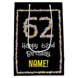 62nd Birthday: Floral Flowers Number, Custom Name Medium Gift Bag