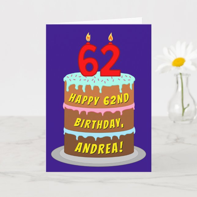 62nd Birthday: Fun Cake and Candles + Custom Name Card (Small Plant)