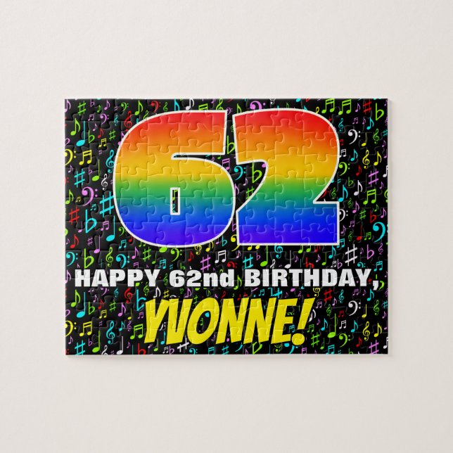 62nd Birthday — Fun, Colourful Music Symbols & “62 Jigsaw Puzzle (Horizontal)