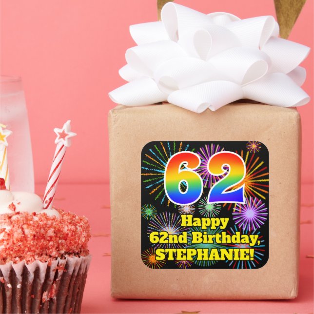 62nd Birthday: Fun Fireworks Look, Rainbow # 62 Square Sticker (Party)
