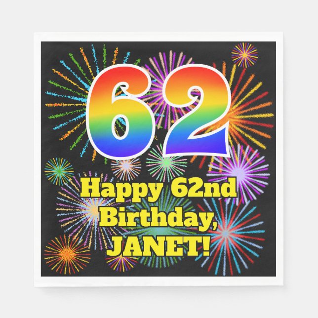 62nd Birthday: Fun Fireworks Pattern + Rainbow 62 Napkin (Front)