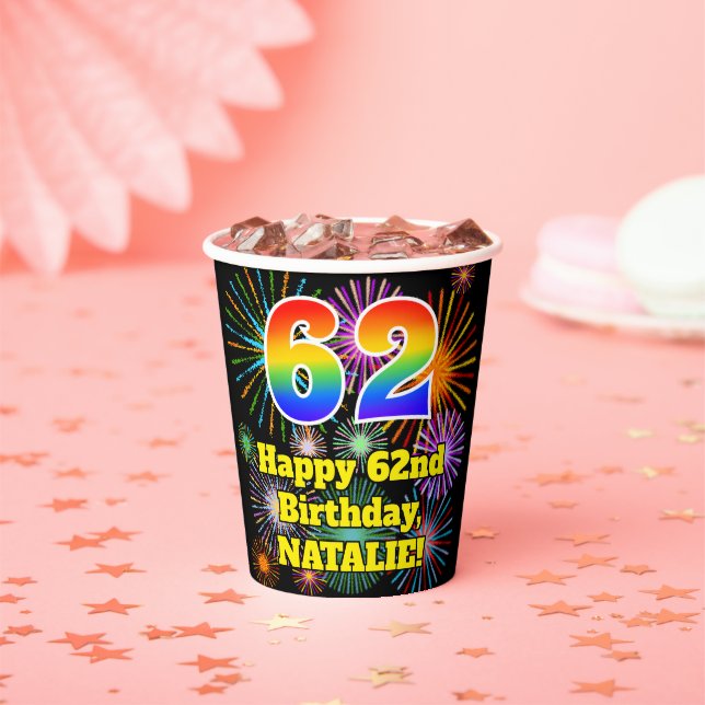 62nd Birthday: Fun Fireworks Pattern + Rainbow 62 Paper Cups (Insitu)