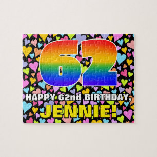 62nd Birthday — Fun, Loving Heart Shapes + “62” Jigsaw Puzzle