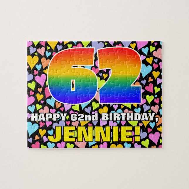 62nd Birthday — Fun, Loving Heart Shapes + “62” Jigsaw Puzzle (Horizontal)