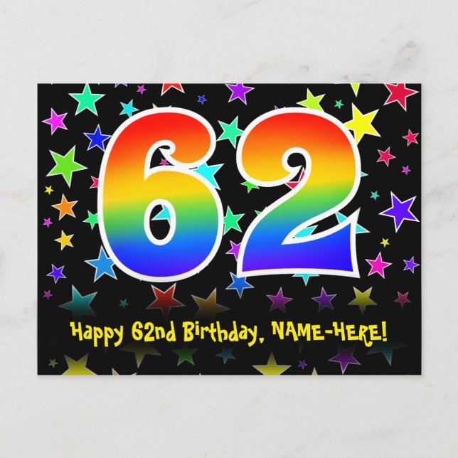 62nd Birthday: Fun Stars Pattern, Rainbow 62, Name Postcard (Front)
