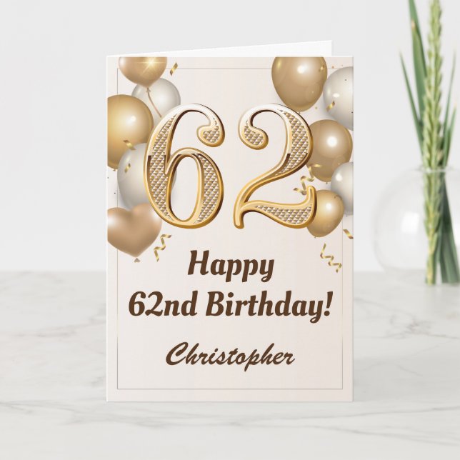 62nd Birthday Gold Balloons and Confetti Birthday Card (Front)