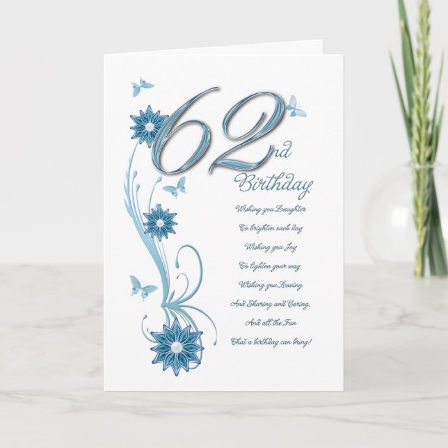 62nd birthday in teal with flowers and butterfly card (Front)