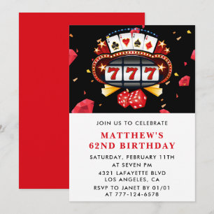 62nd birthday invitations Casino theme Poker Red