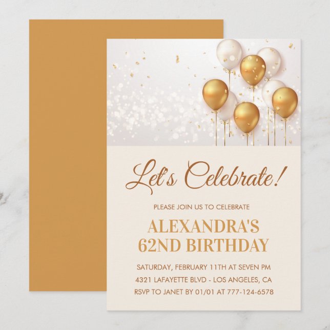 62nd birthday invitations Gold Balloons  (Front/Back)