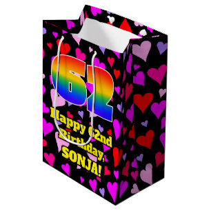 62nd Birthday: Loving Hearts Pattern, Rainbow # 62 Medium Gift Bag