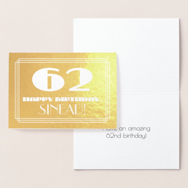 62nd Birthday: Name + Art Deco Inspired Look "62" Foil Card (Display)