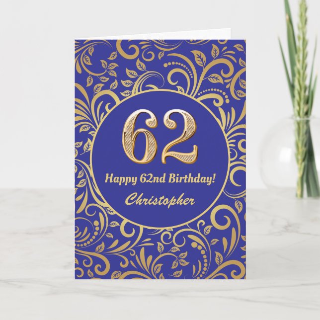 62nd Birthday Navy Blue and Gold Floral Pattern Card (Front)
