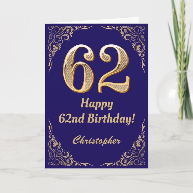62nd Birthday Navy Blue and Gold Glitter Frame Card (Front)