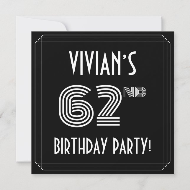 62nd Birthday Party: Art Deco Style w/ Custom Name Invitation (Front)