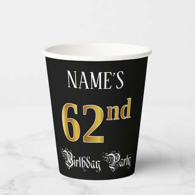 62nd Birthday Party — Fancy Script, Faux Gold Look Paper Cups (Front)