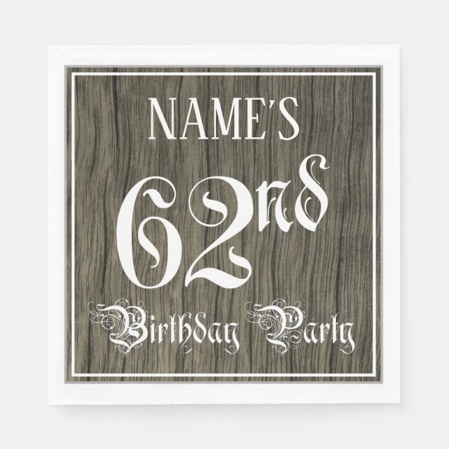 62nd Birthday Party — Fancy Script, Faux Wood Look Napkin (Front)