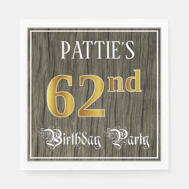 62nd Birthday Party — Faux Gold & Faux Wood Looks Napkin (Front)