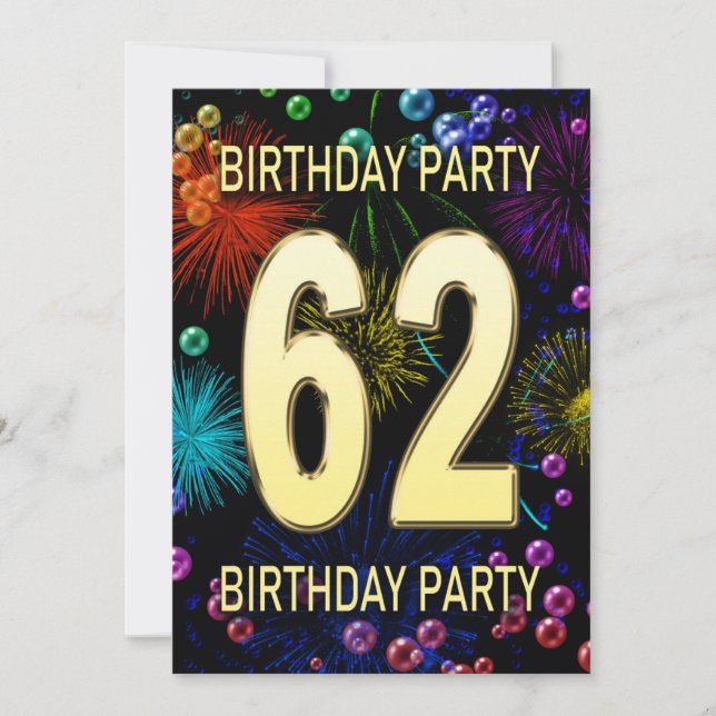 62nd Birthday Party Invitation Fireworks Bubbles (Front)