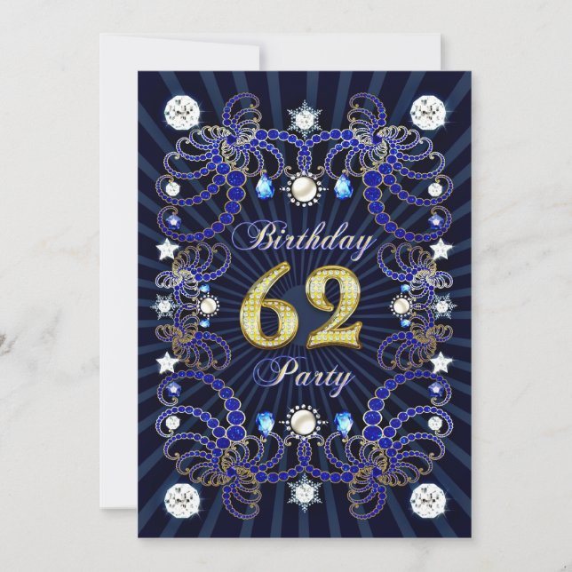 62nd birthday party invite with masses of jewels (Front)