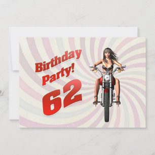 62nd birthday party with a girl on a motorbike invitation