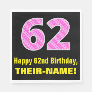 62nd Birthday: Pink Stripes and Hearts "62" + Name Napkin
