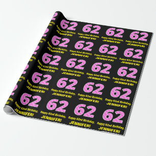 62nd Birthday: Pink Stripes and Hearts "62" + Name Wrapping Paper