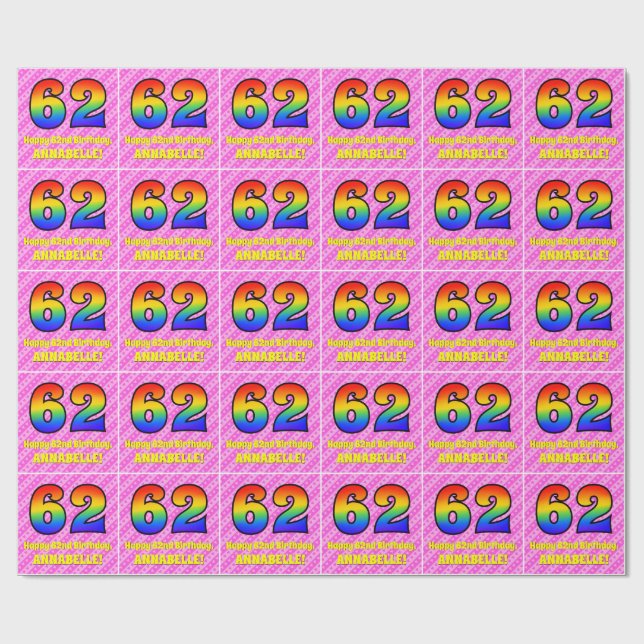 62nd Birthday: Pink Stripes & Hearts, Rainbow # 62 Wrapping Paper (Flat)