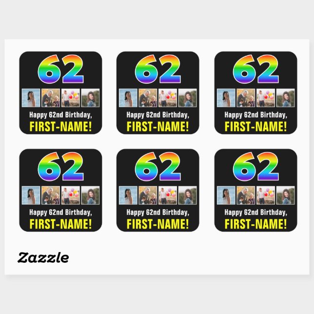 62nd Birthday: Rainbow “62”; Custom Photos & Name Square Sticker (Sheet)