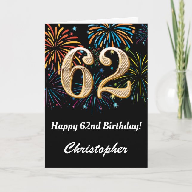 62nd Birthday Rainbow Fireworks Black and Gold Card (Front)