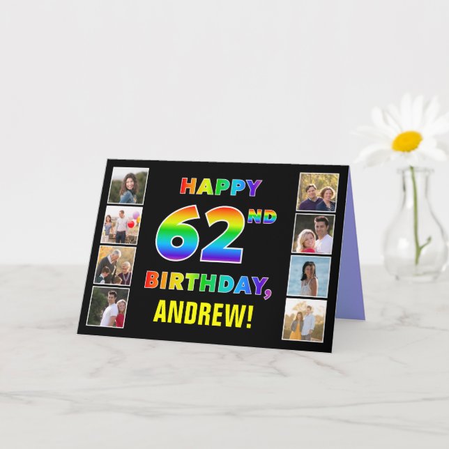 62nd Birthday: Rainbow Text, Custom Photos & Name Card (Small Plant)