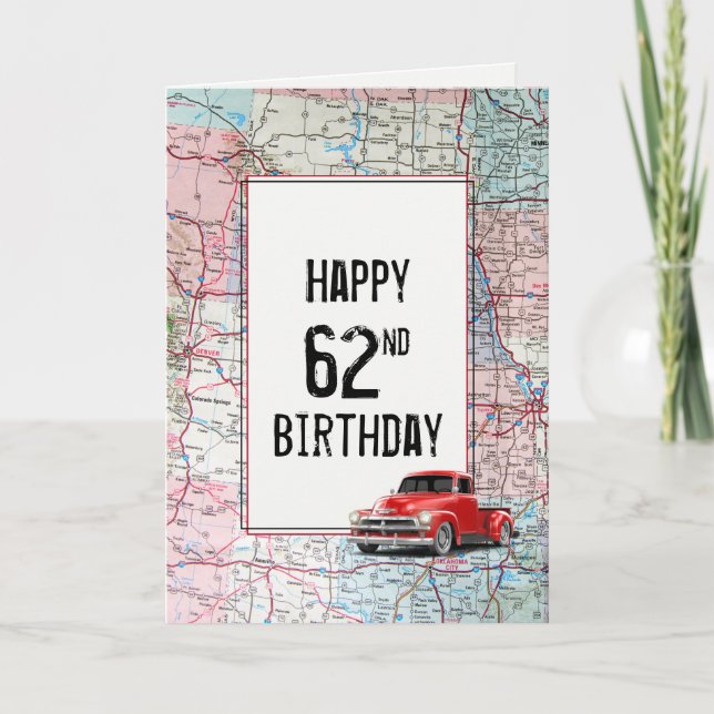 62nd Birthday Red Retro Truck on Map Card (Front)