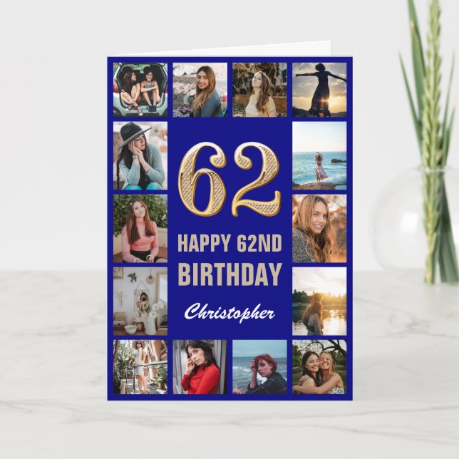 62nd Happy Birthday Navy Blue & Gold Photo Collage Card (Front)