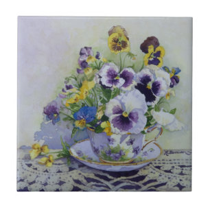 6300 Pansies in Teacup Ceramic Tile