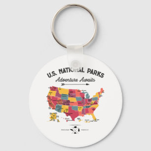 63 National Parks Map Us Park Retro Vintage Campin Key Ring