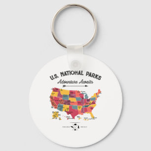 63 National Parks Map Us Park Retro Vintage Campin Key Ring