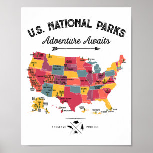 63 National Parks Map Us Park Retro Vintage Campin Poster
