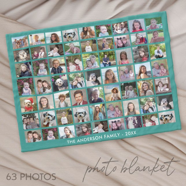 63 Photo Collage Grid with Text - green Fleece Blanket (Photo Blanket - Custom Pictures in a Collage)