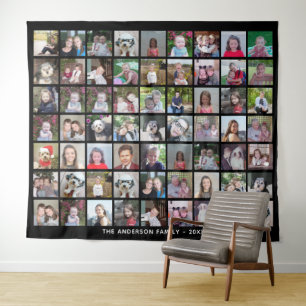 63 Square Photo Collage Grid with Text - black Tapestry