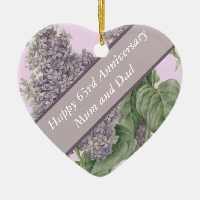 63rd Anniversary Lilac Heart Shaped Ceramic Ornament (Front)