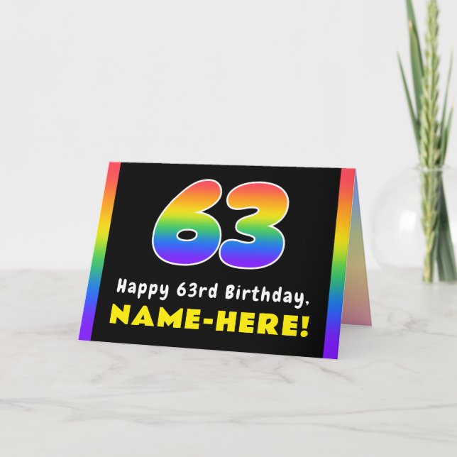 63rd Birthday: Colorful Rainbow # 63, Custom Name Card (Front)